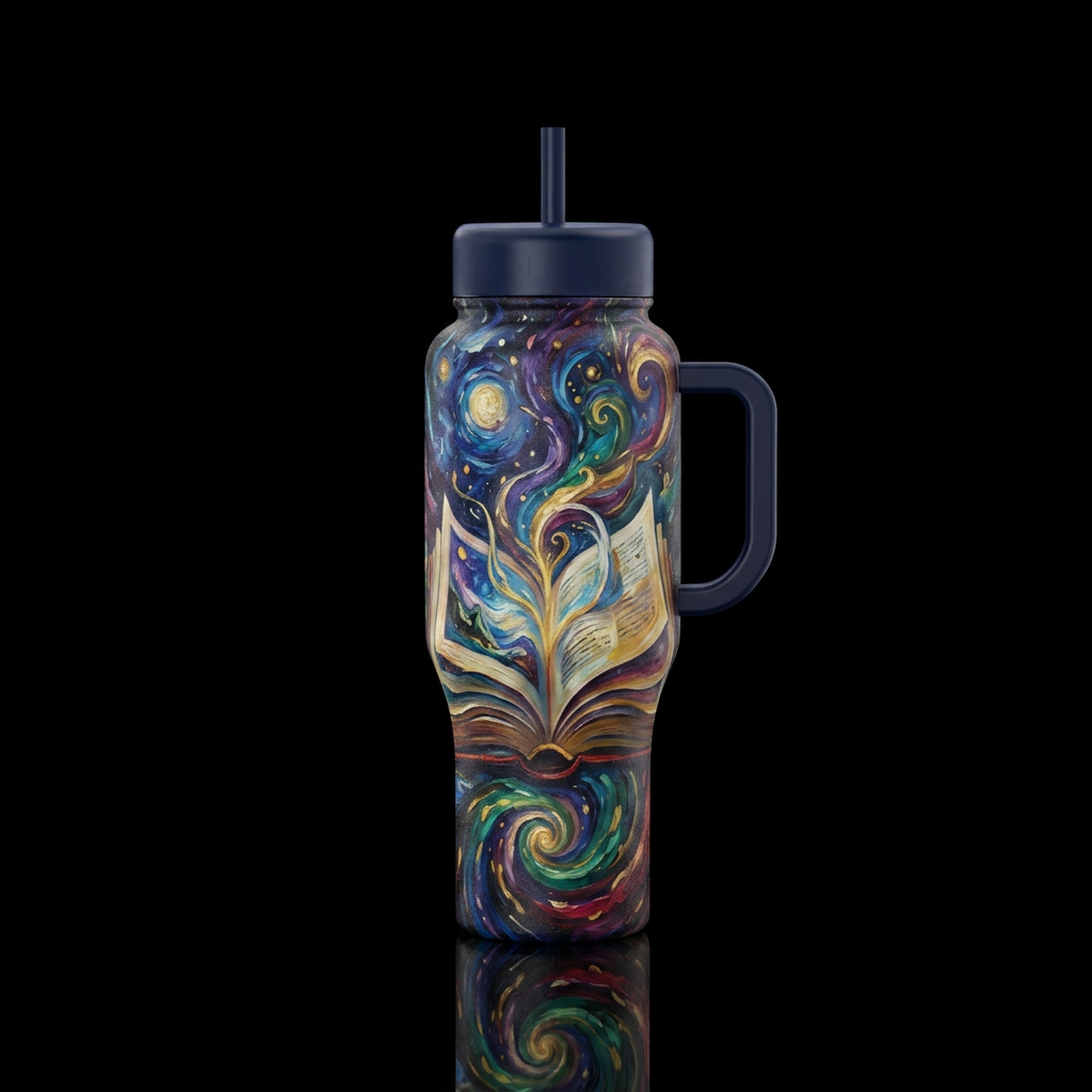 Open book, oil painting,  texture,  abstract,  fan... water bottle design