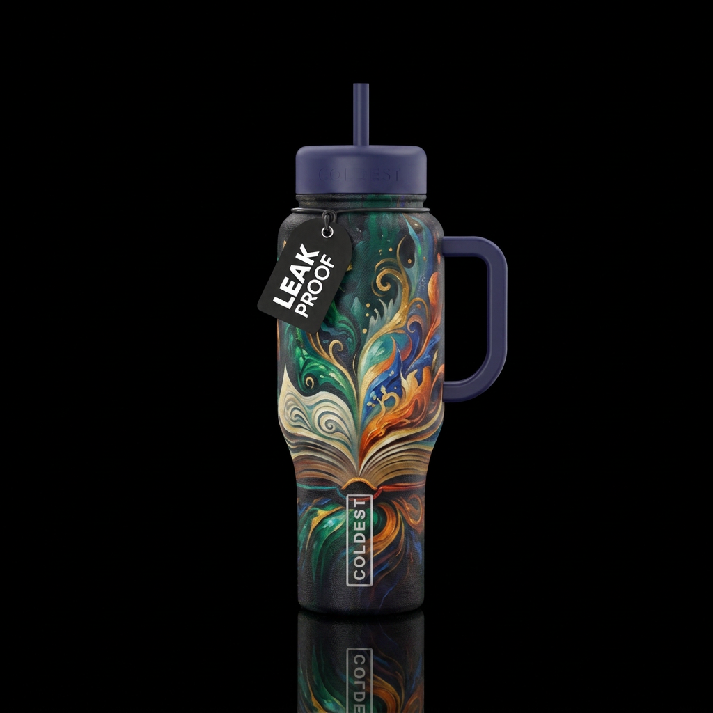 Open book, oil painting,  texture,  abstract,  fan... water bottle design