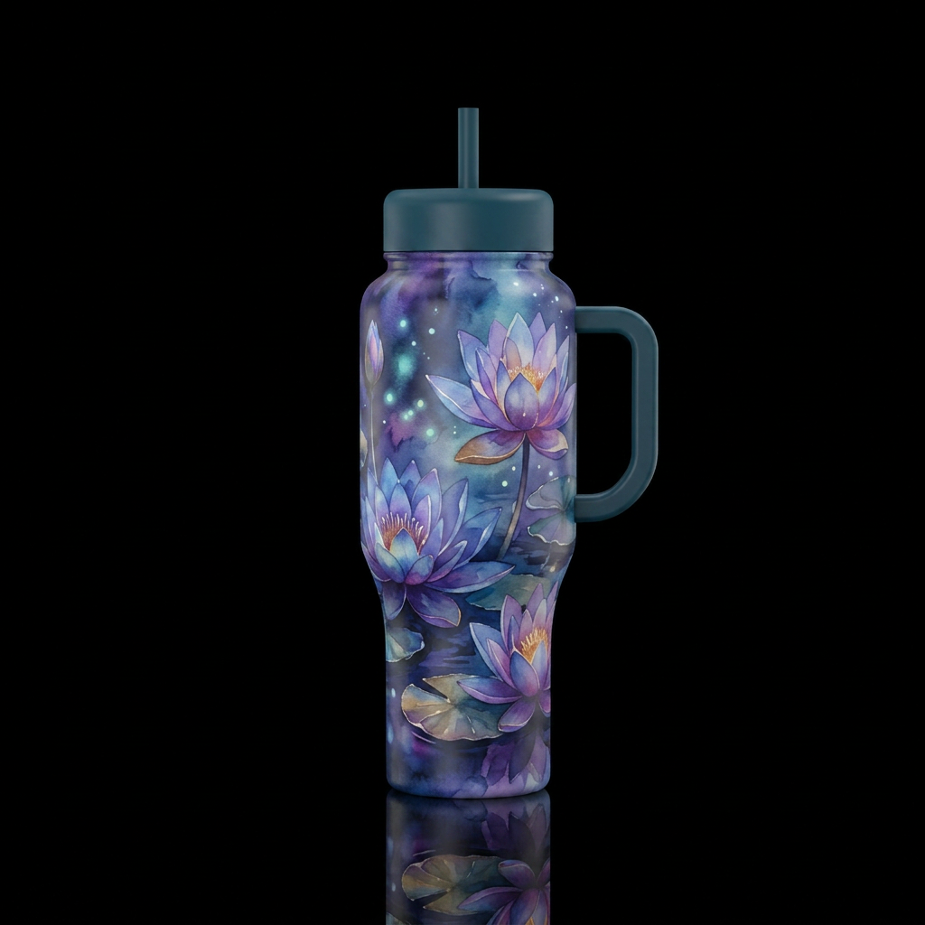 Water lilies,  twilight,  glowie,  watercolor,  ar... water bottle design