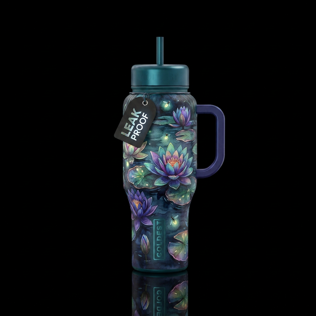 Water lilies,  twilight,  glowie,  watercolor,  ar... water bottle design