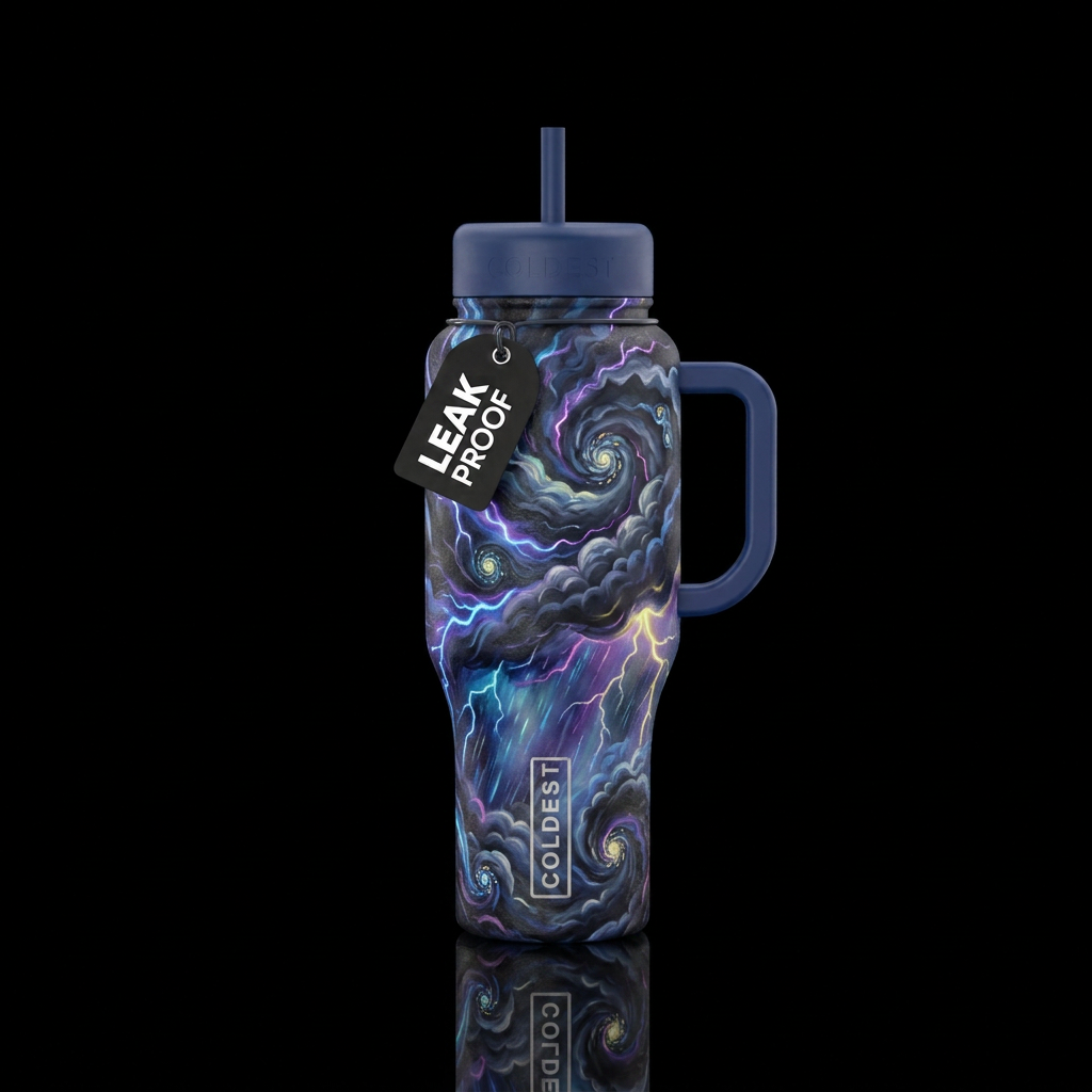 thunderstorm, oil painted, swirls, spirals, glowie water bottle design