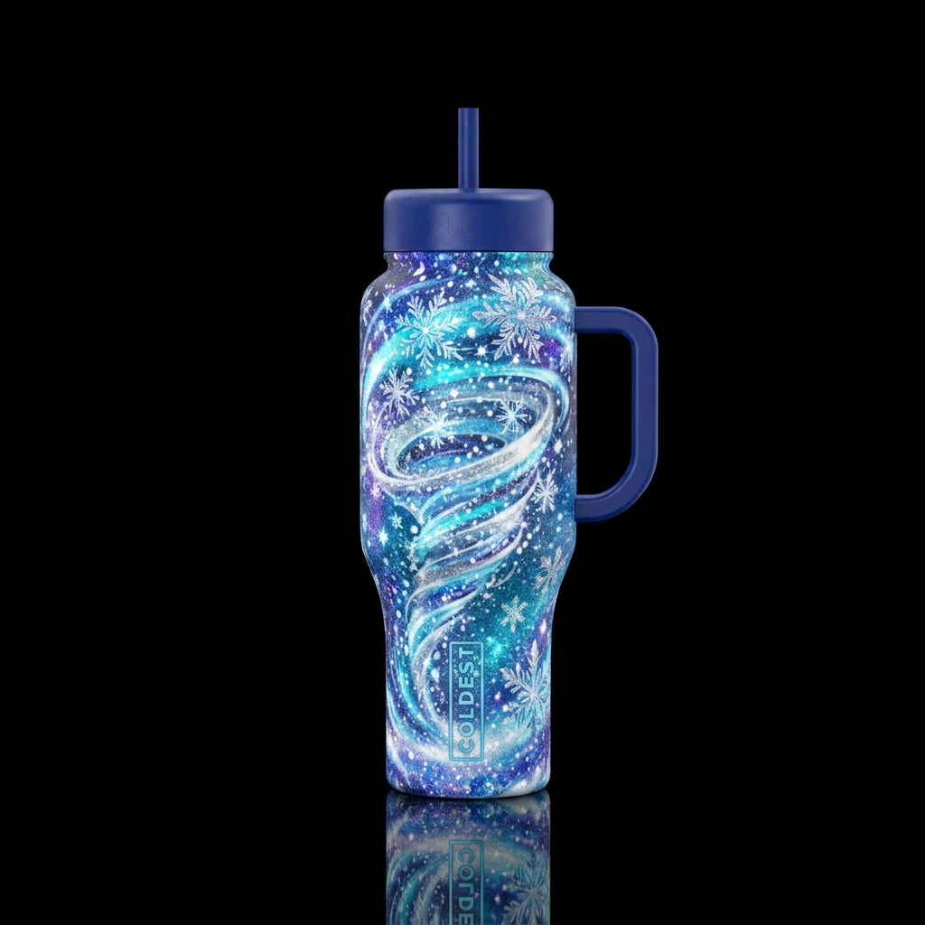 Snow blowing around like a tornado,  sparkly, abst... water bottle design