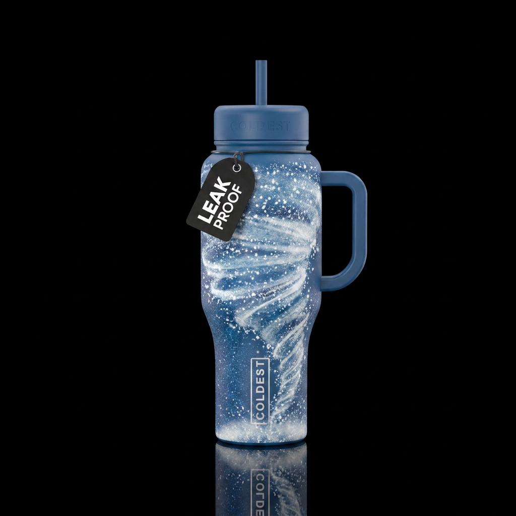 Snow blowing around like a tornado,  sparkly, abst... water bottle design