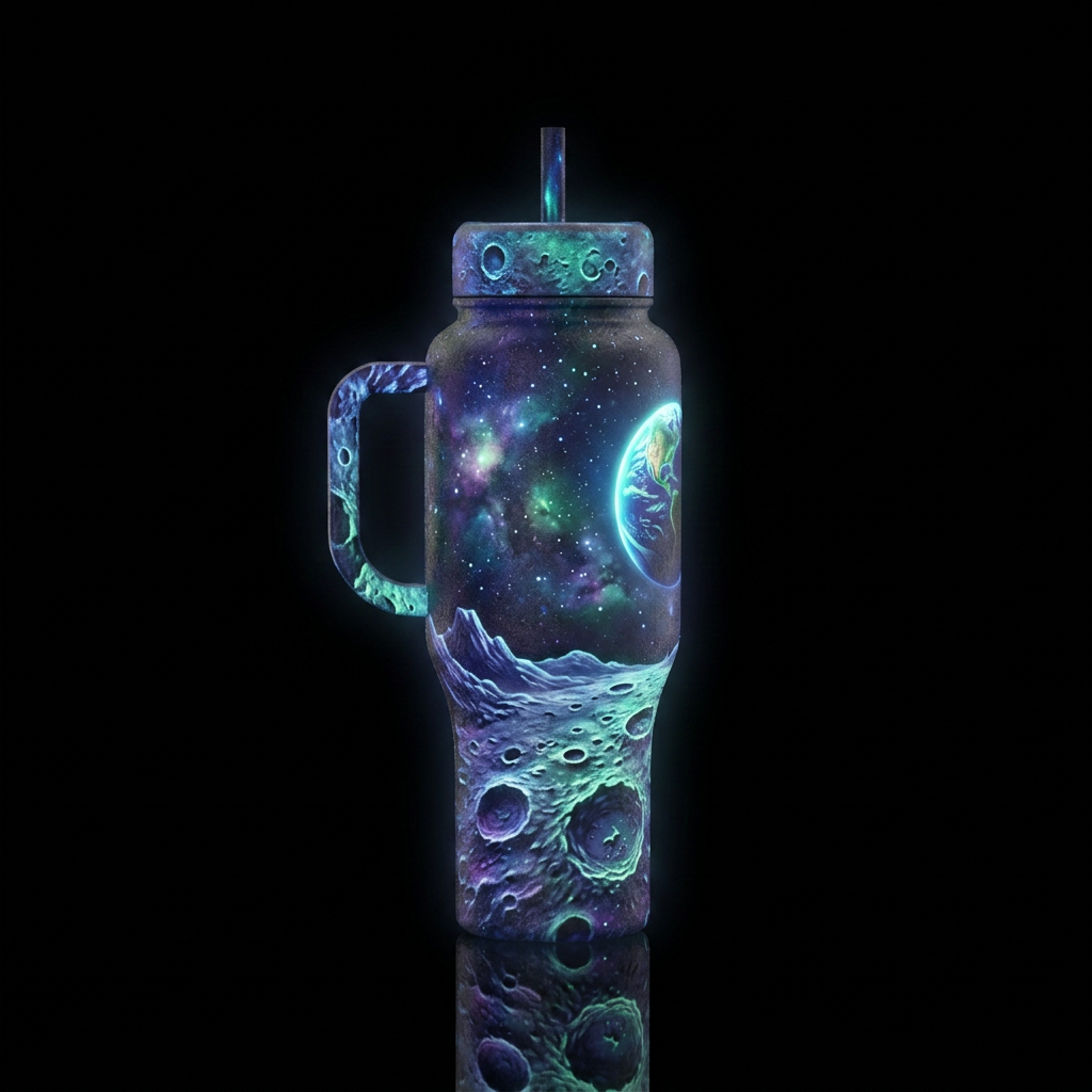 Show the other side. Dark side of the moon, glowie water bottle design