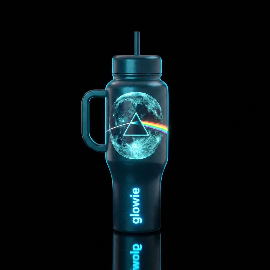 Show the other side. Dark side of the moon, glowie water bottle design