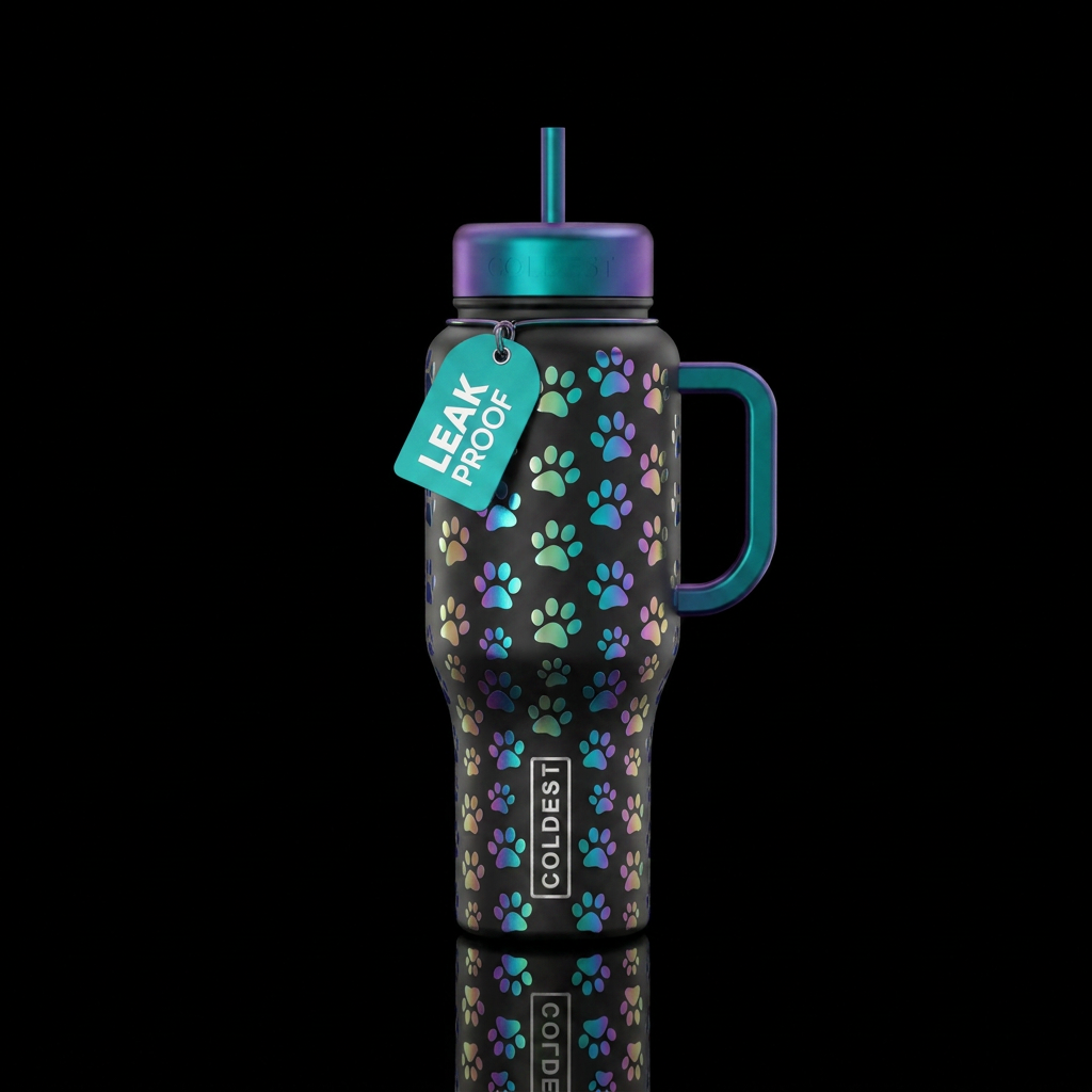 Irridescent paw prints water bottle design