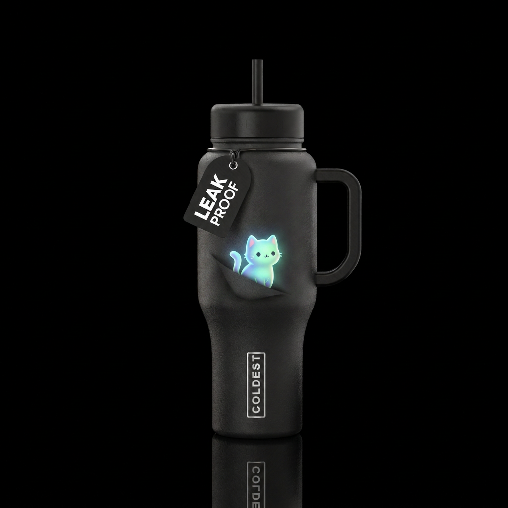 Black bottle with a cute glowie cat hidden somewhe... water bottle design