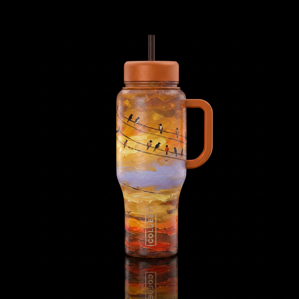 Birds on a power line , sunset,  abstract,  artist... water bottle design