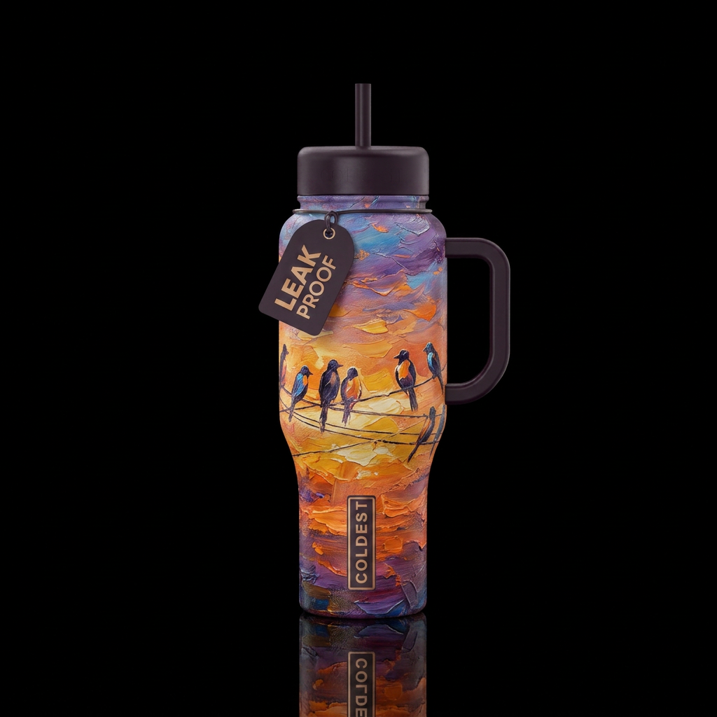 Birds on a power line , sunset,  abstract,  artist... water bottle design