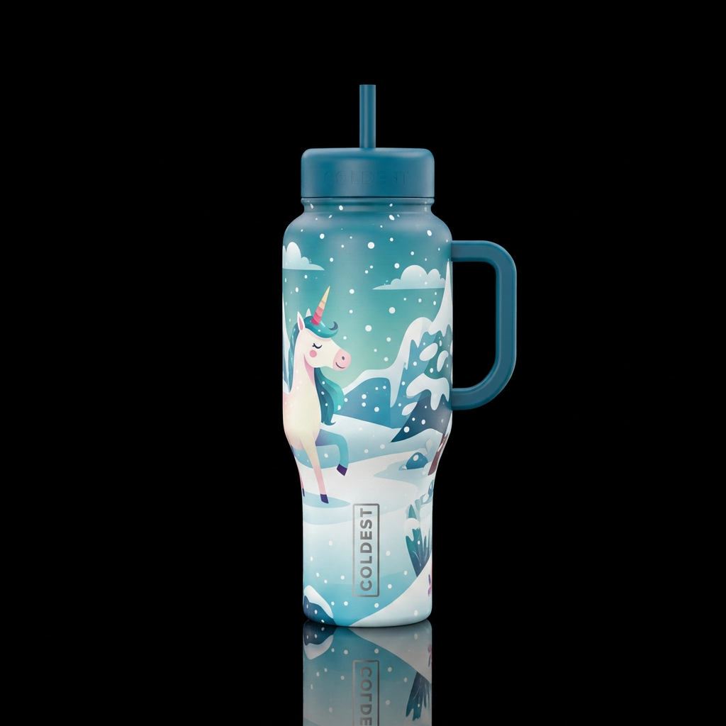whimsical, unique designs,  unicorn,  winter wonde... water bottle design