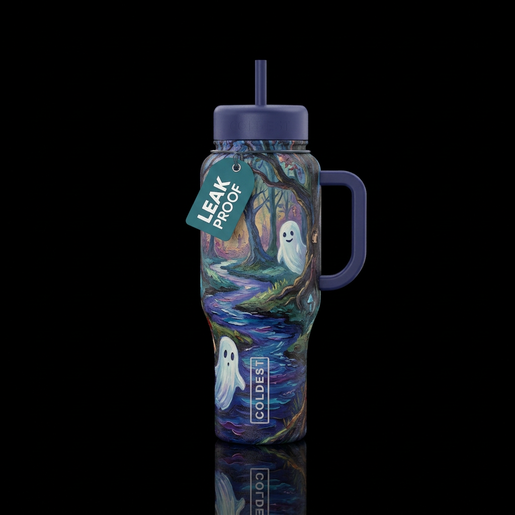 oil painted forest, river , cute ghost,  twilight water bottle design