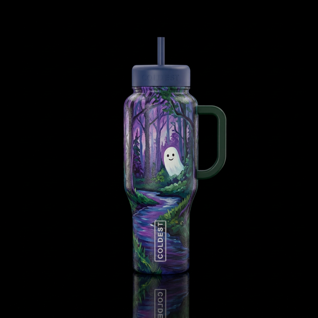 oil painted forest, river , cute ghost,  twilight water bottle design