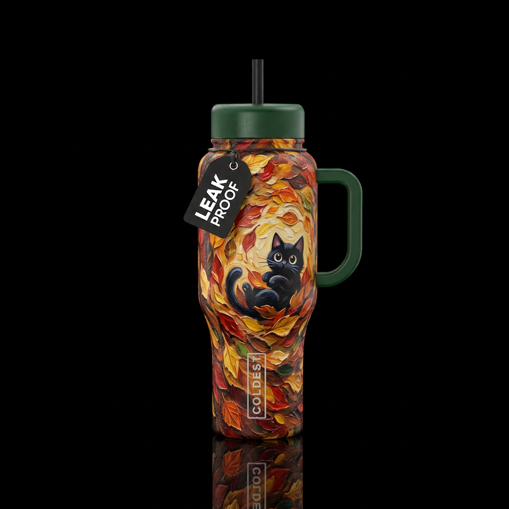 Fall leaves falling,  cute little black cat in the... water bottle design
