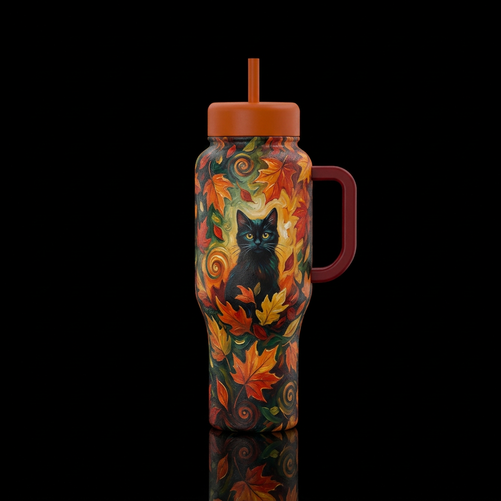 Fall leaves falling,  cute little black cat in the... water bottle design