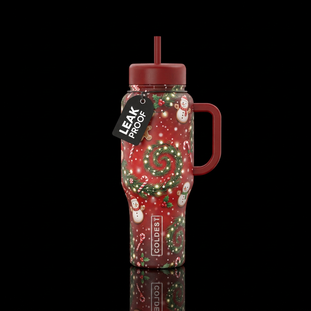 Snow falling down,  cute snowman in the snow,  spi... water bottle design