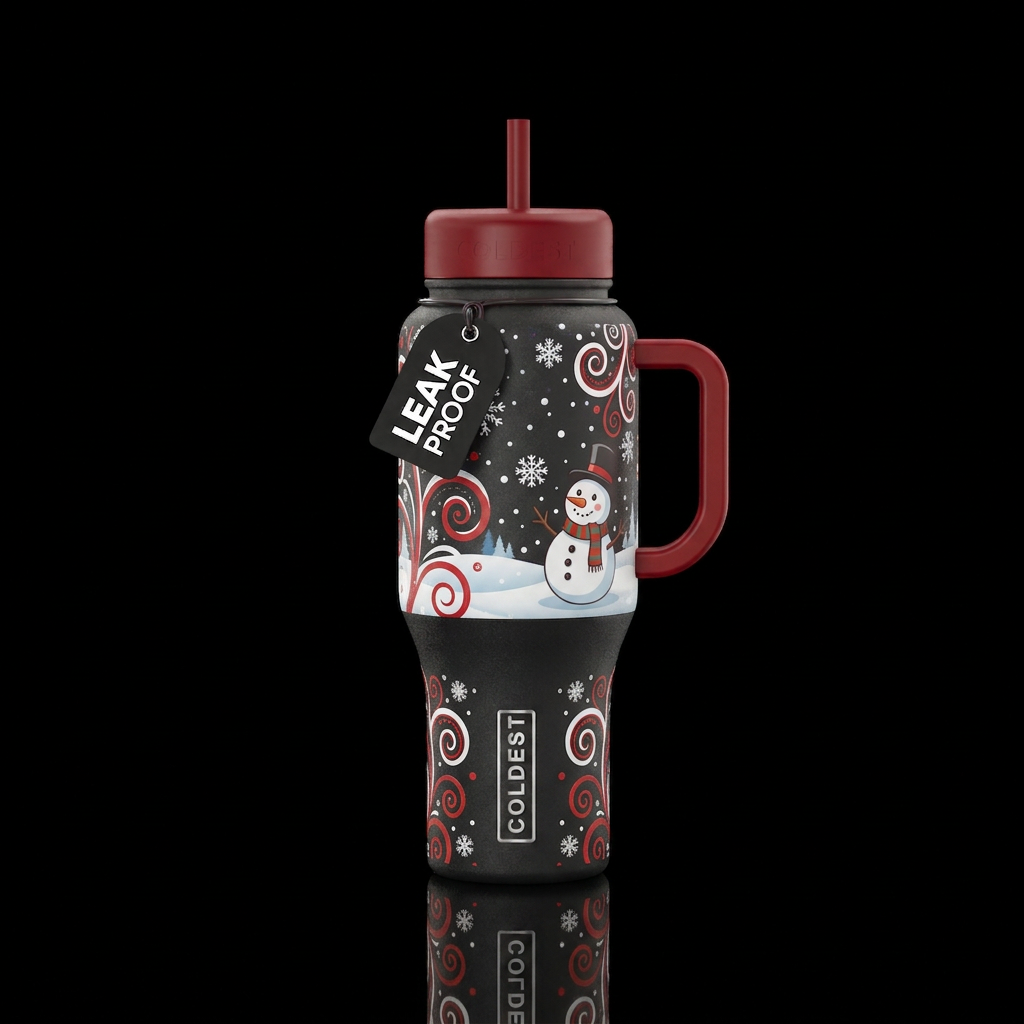 Snow falling down,  cute snowman in the snow,  spi... water bottle design