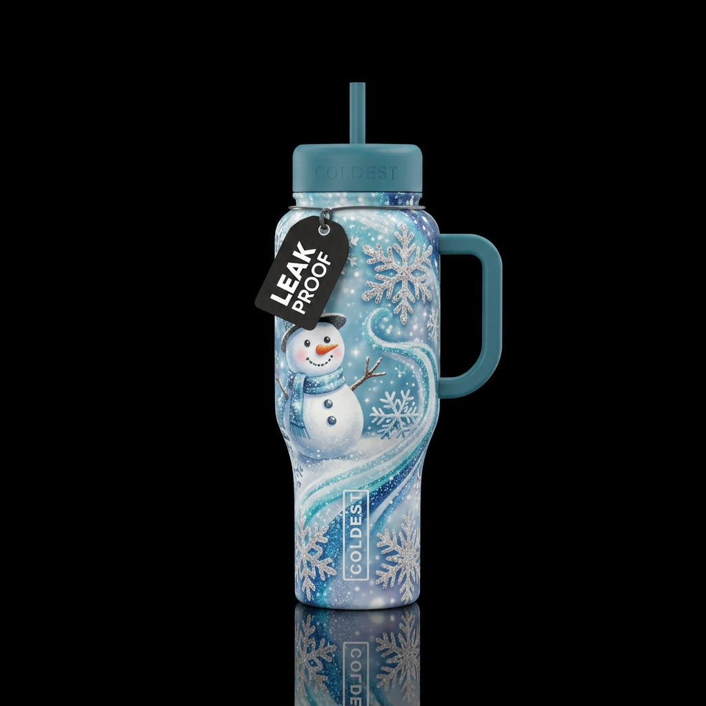 Cute snowman,  snowflakes,  sparkly,  winter wonde... water bottle design