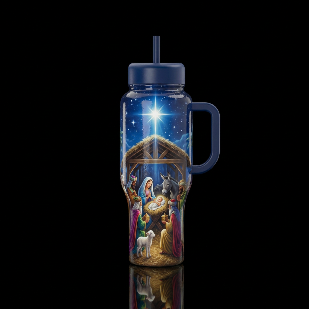 Nativity,  3 wise men, baby surrounded by a lamb. ... water bottle design