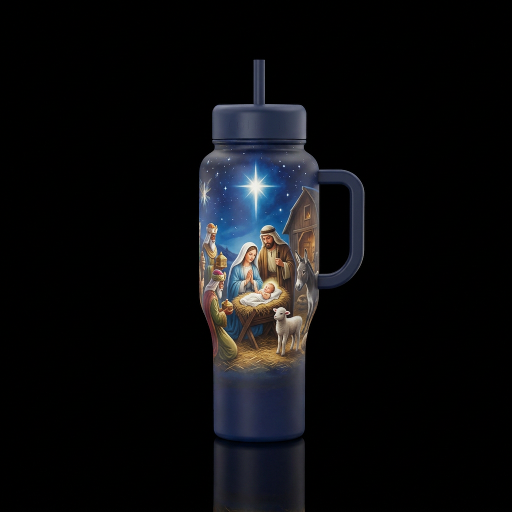 Nativity,  3 wise men, baby surrounded by a lamb. ... water bottle design