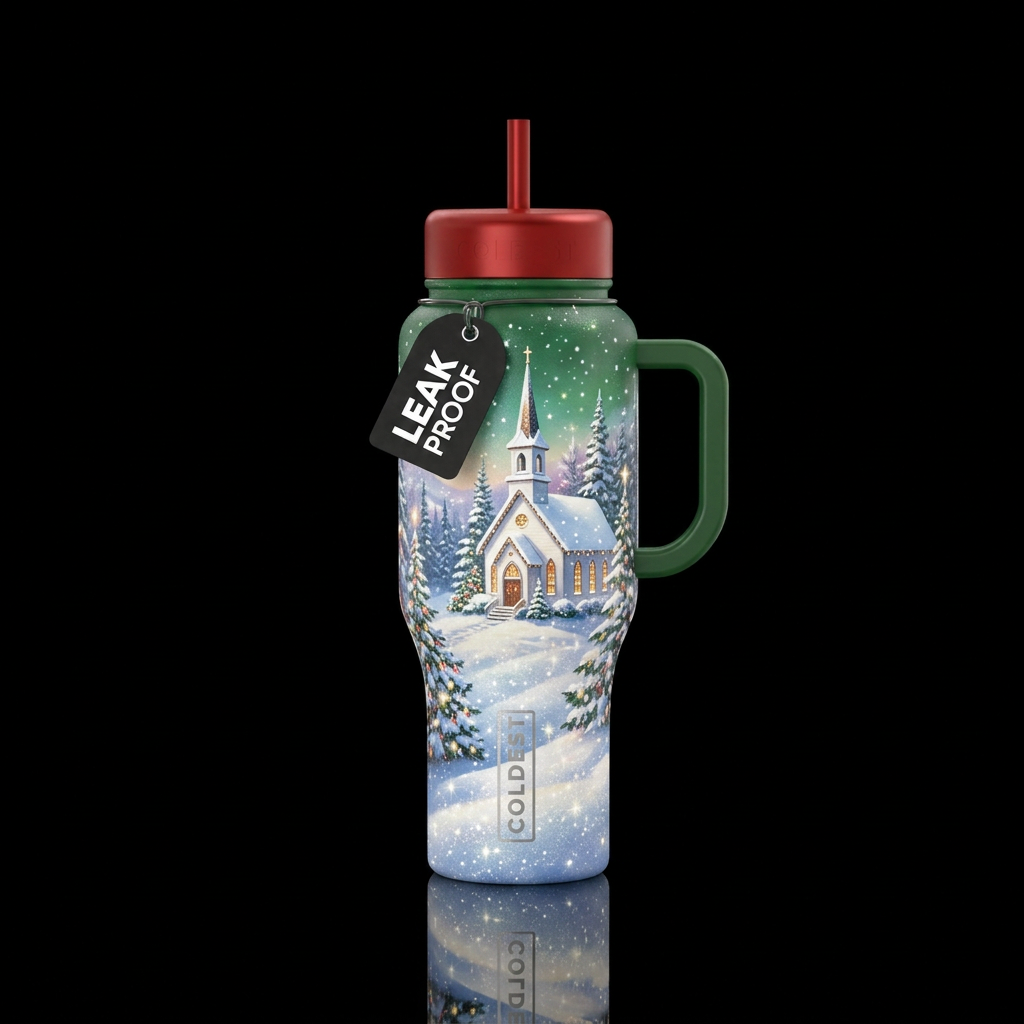 White church on a hill, winter,  snowy,  sparkly, ... water bottle design
