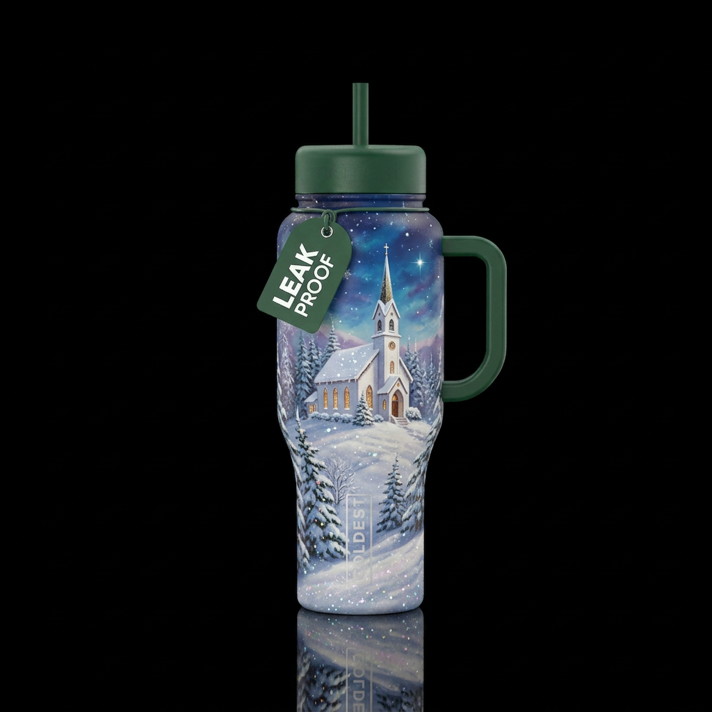 White church on a hill, winter,  snowy,  sparkly, ... water bottle design