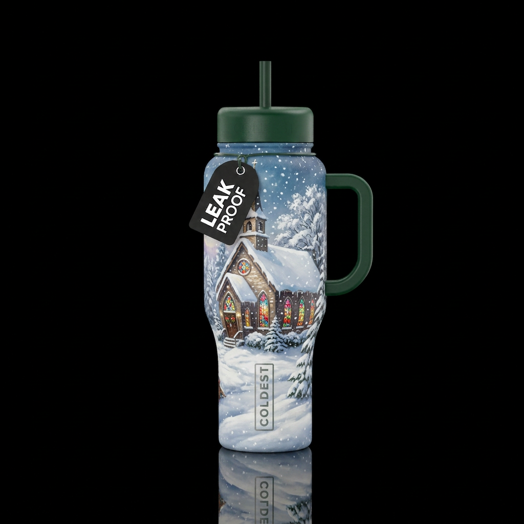 Christmas vibe,  church with stained Glass,  beaut... water bottle design