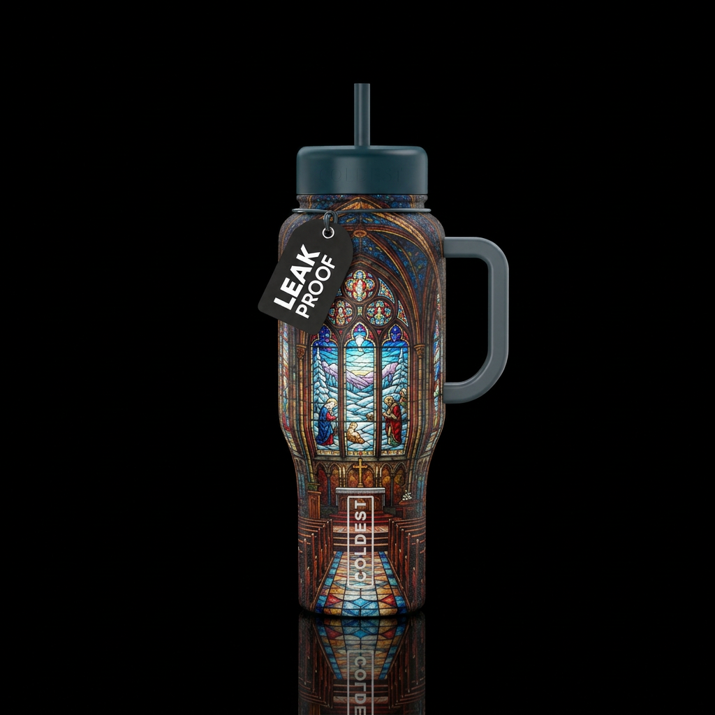 Inside a church,  looking out a stained Glass wind... water bottle design