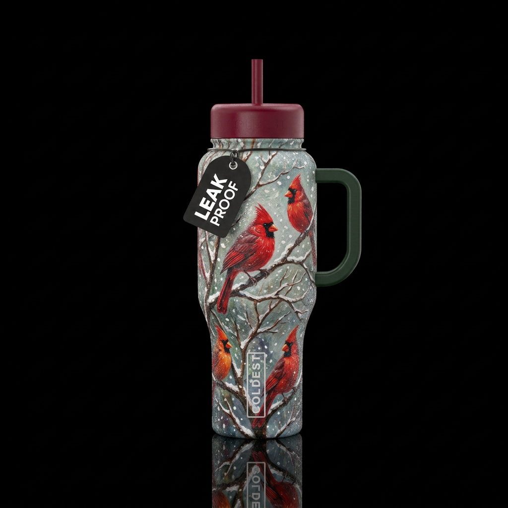 Tree branches with no leaves,  snow falling,  spar... water bottle design