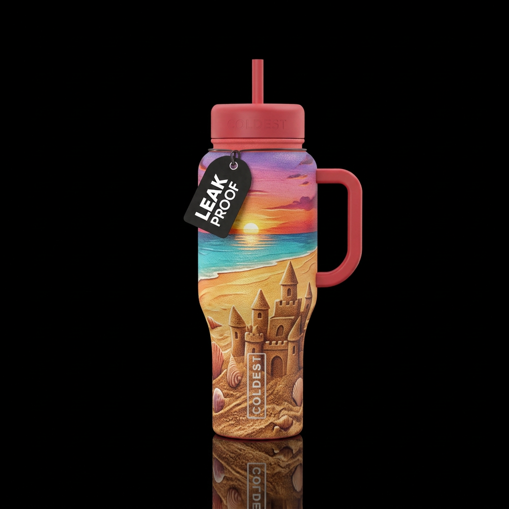 Summer,  sand castles,  beach,  texture,  sunset water bottle design