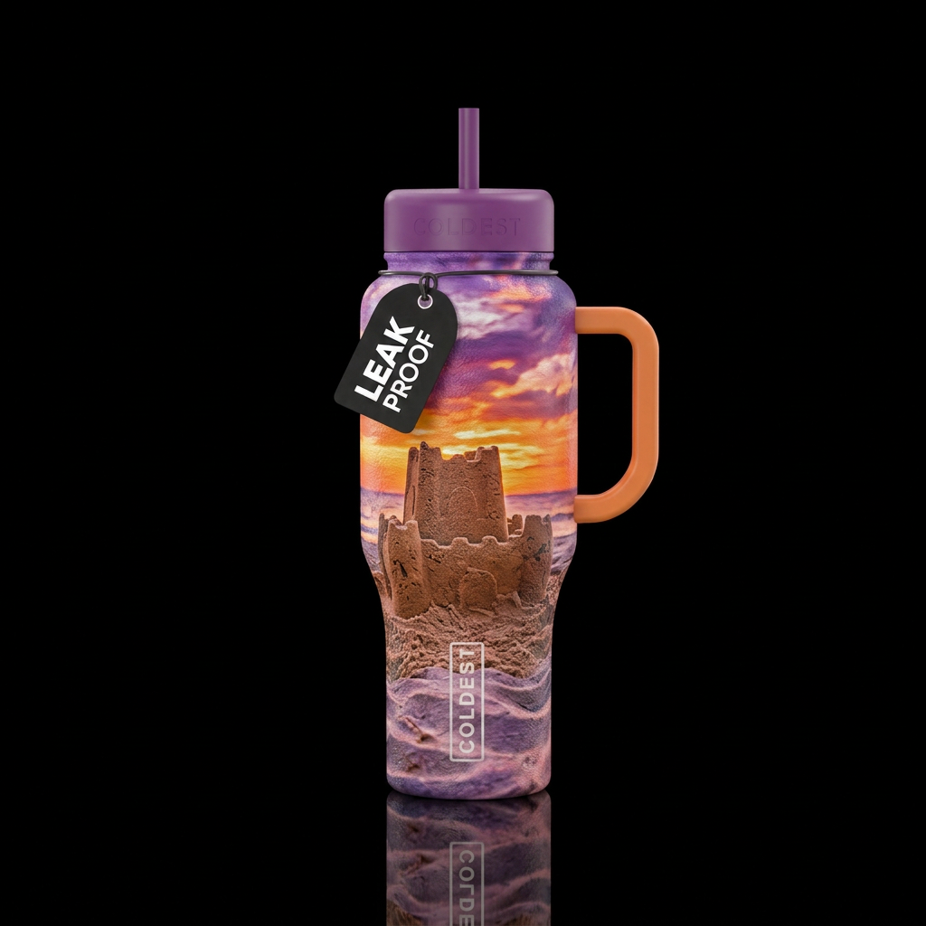 Summer,  sand castles,  beach,  texture,  sunset water bottle design