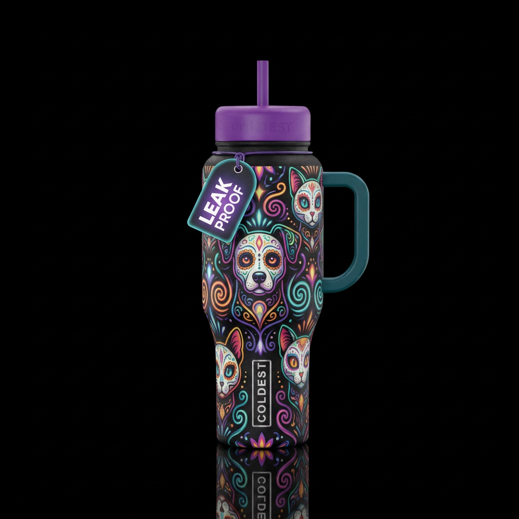 Dog and cat sugar skulls,  swirls,  glowie,  spira... water bottle design