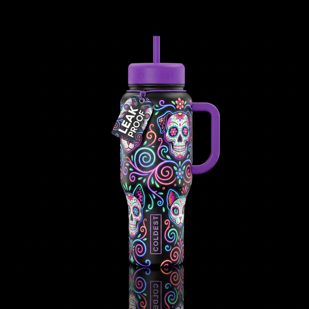 Dog and cat sugar skulls,  swirls,  glowie,  spira... water bottle design