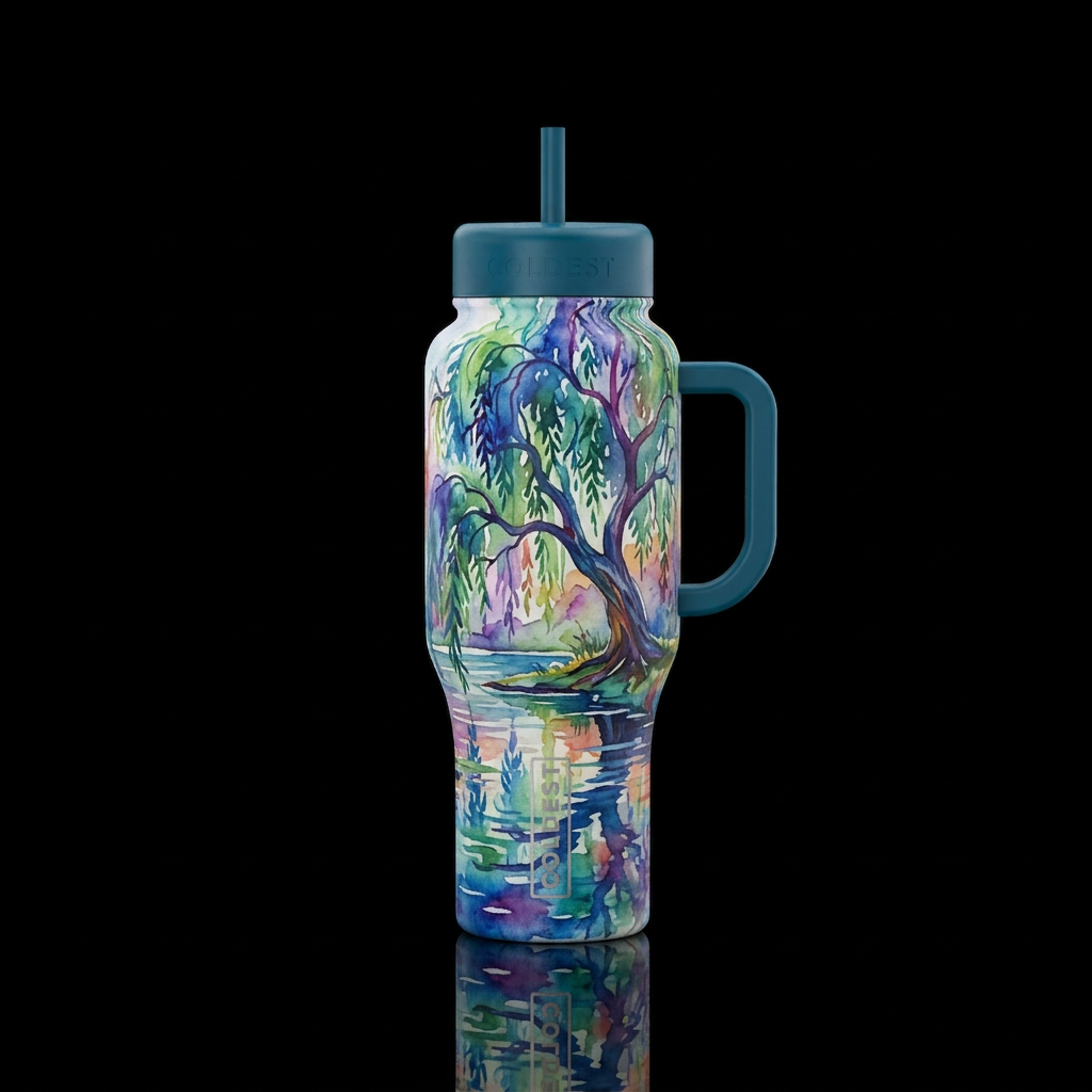 Weeping willow,  pond reflecting the tree. Waterco... water bottle design