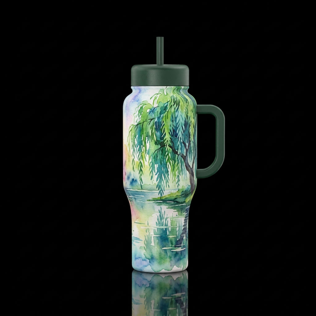 Weeping willow,  pond reflecting the tree. Waterco... water bottle design