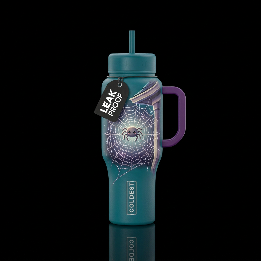 Sparkly web on a corner of a house. With a cute li... water bottle design