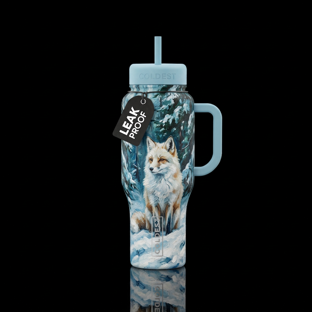 White fox, winter,  trees,  snowy,  texture oil pa... water bottle design