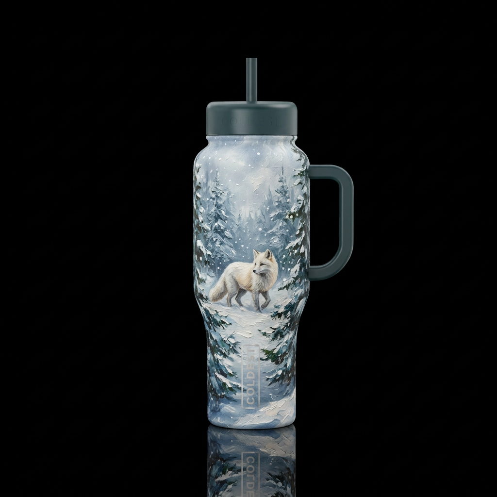 White fox, winter,  trees,  snowy,  texture oil pa... water bottle design
