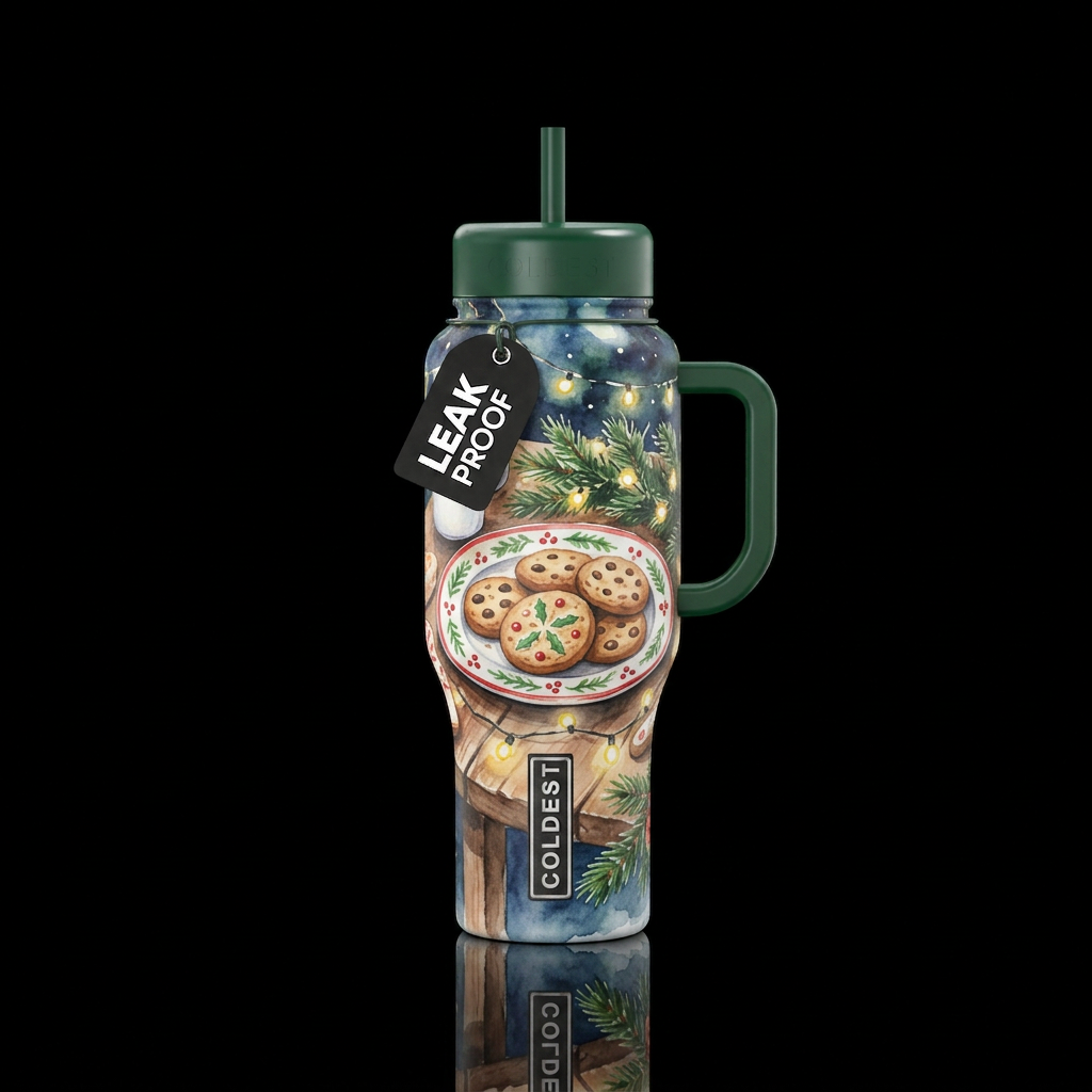 Cookies for Santa on a plate on a table,  watercol... water bottle design