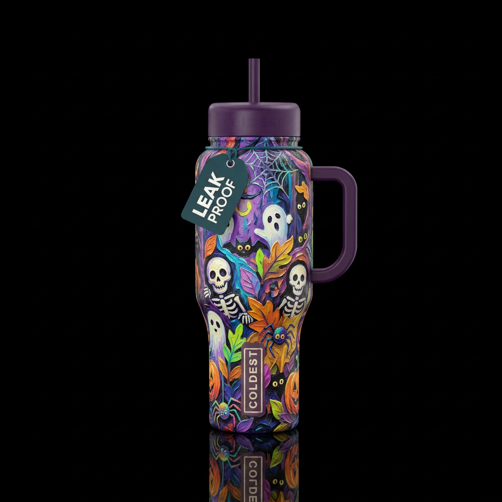 Hide and sneak. Halloween,  texture painting water bottle design