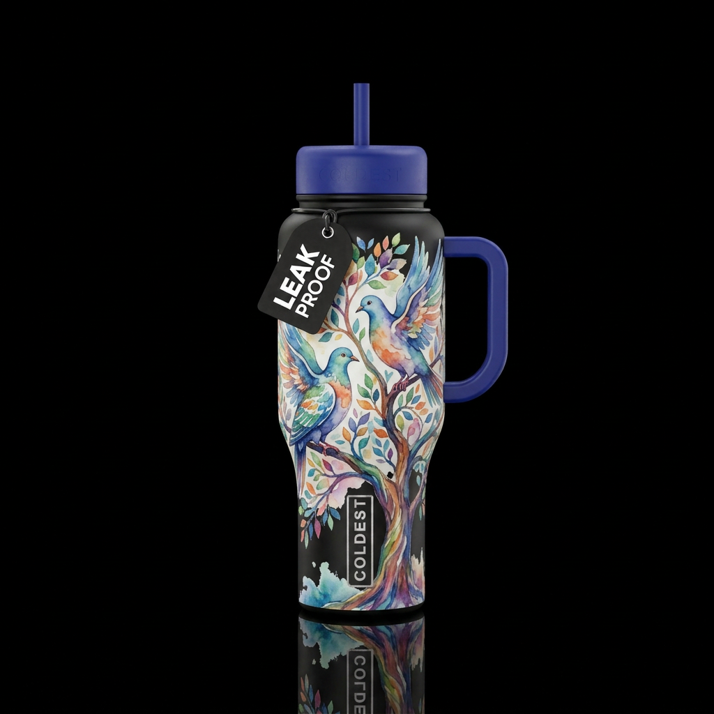 Two doves on a tree,  artistic, watercolor water bottle design