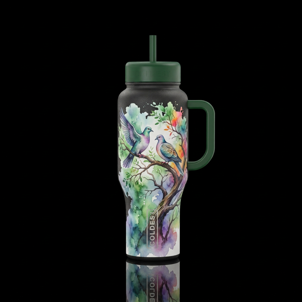 Two doves on a tree,  artistic, watercolor water bottle design