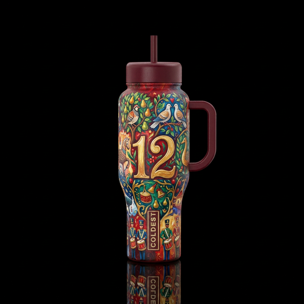 The 12 Days of Christmas, texture painting water bottle design