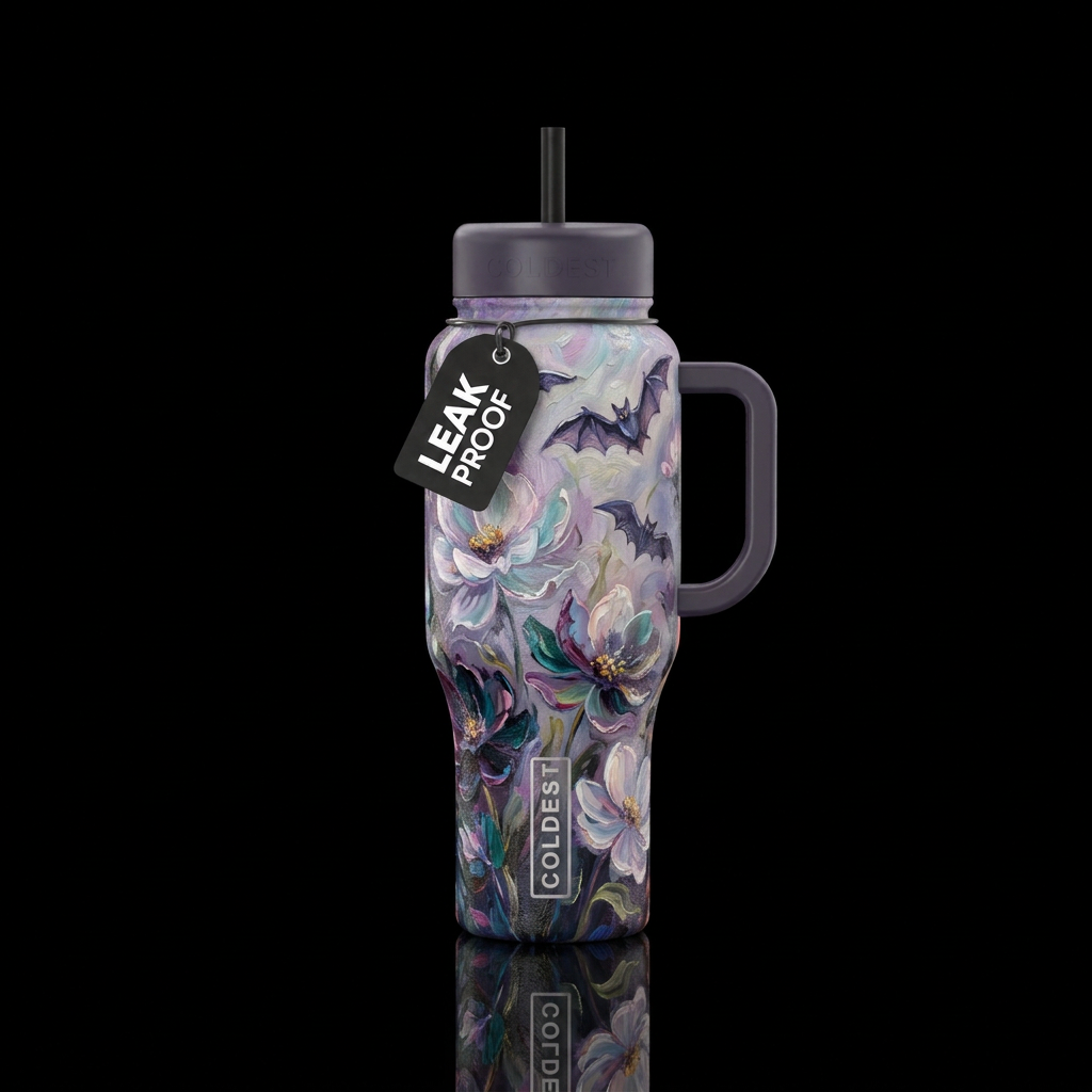 Ghost flowers and bats oil painting water bottle design