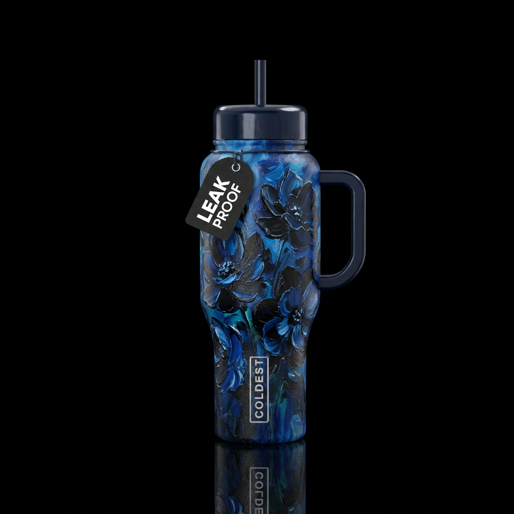 Black and dark blue flowers,  oil painting water bottle design