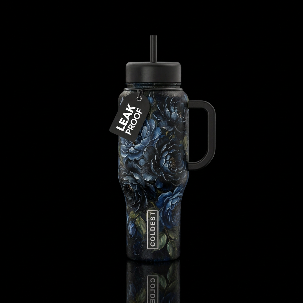 Black and dark blue flowers,  oil painting water bottle design