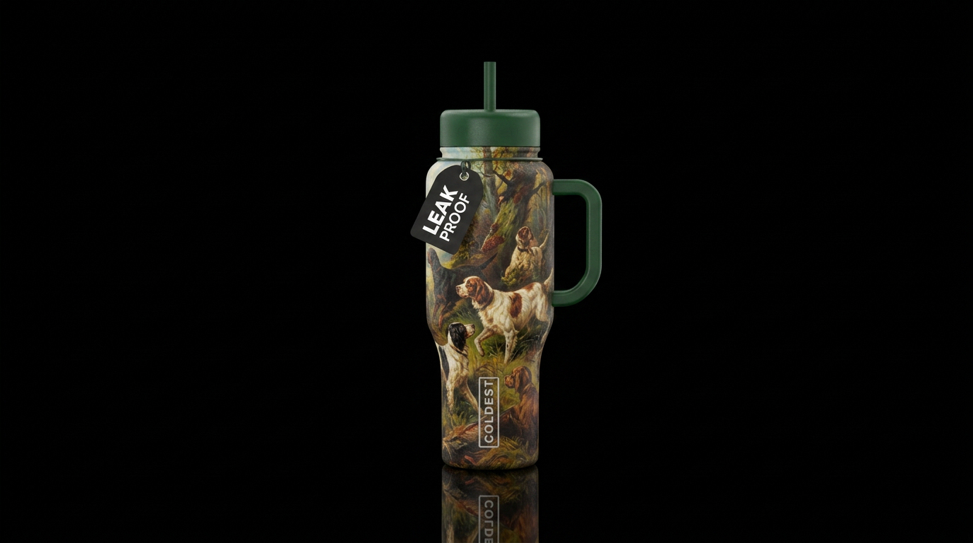 Oil painting,  hunting dogs, woods ,texture water bottle design