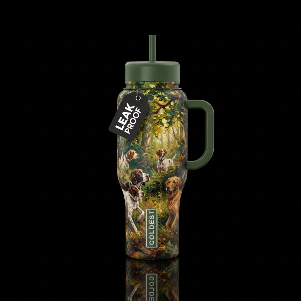 Oil painting,  hunting dogs, woods ,texture water bottle design