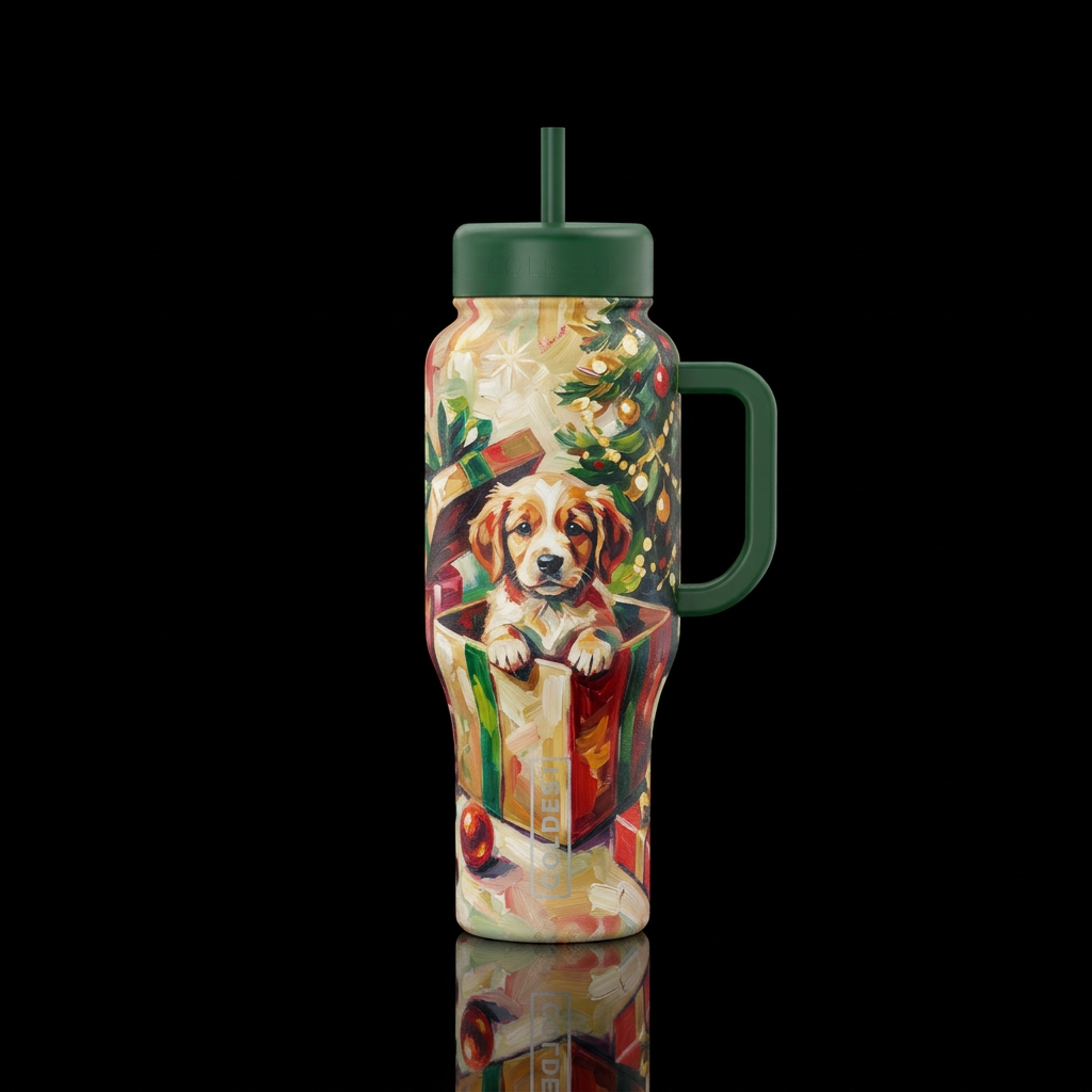 Christmas morning,  puppy in a box,  abstract,  oi... water bottle design
