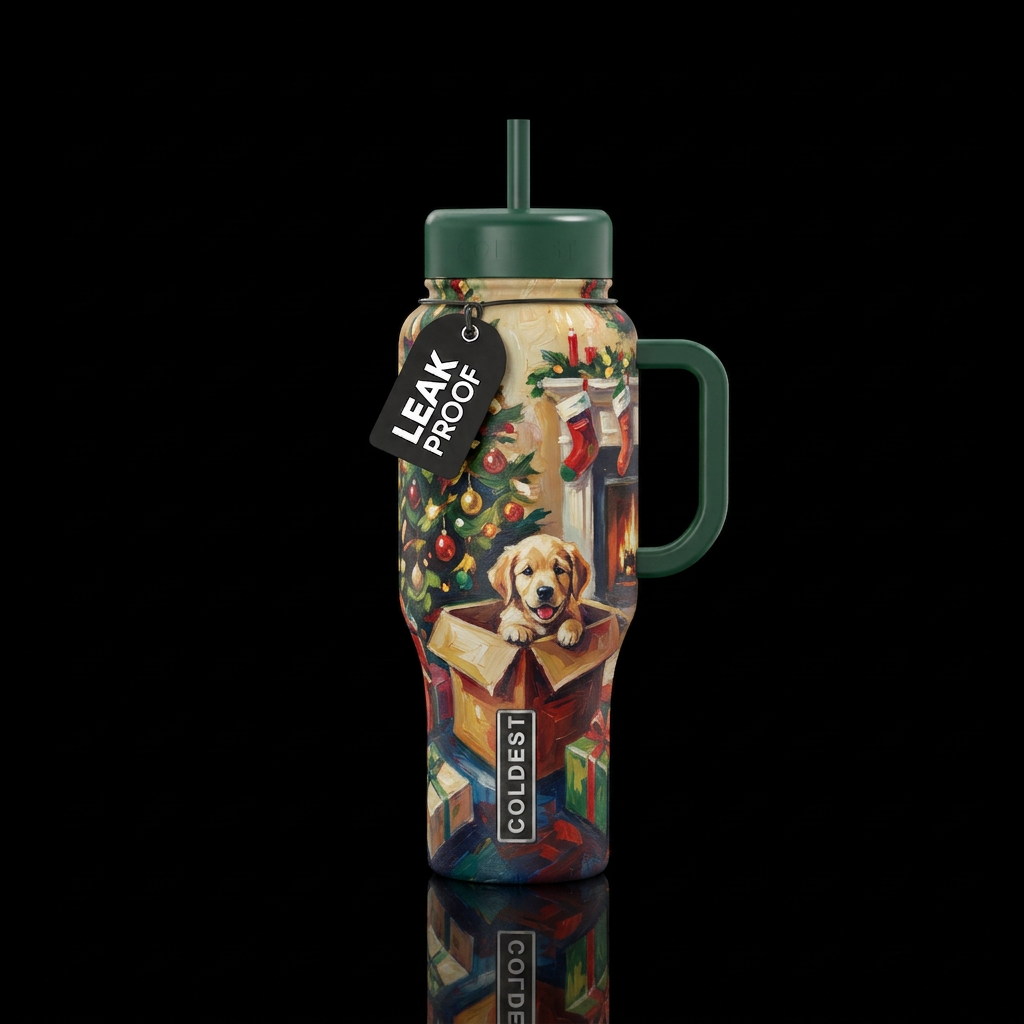 Christmas morning,  puppy in a box,  abstract,  oi... water bottle design
