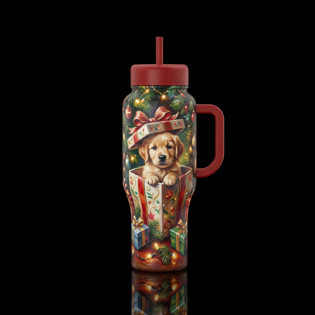 Christmas morning,  texture painting,  cute puppy ... water bottle design